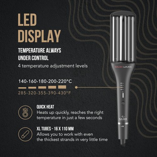 GA.MA Salon Waves Curling Iron - Adjustable 4-Size Titanium Wave Barrels (0.67–0.98″) with LED Display