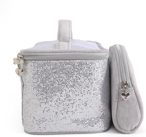 Juicy Couture Silver Sparkle Makeup Bag Set - Travel Essentials Organizer with Glitter Velour Finish