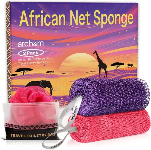 ARCH&M African Net Sponge - 2 Pack Extra-Long 53-Inch Body Scrubber for Daily Exfoliating Care