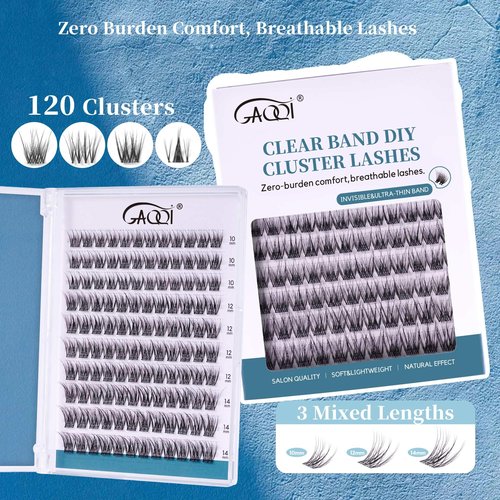 GAQQI Lash Clusters Wispy & Natural Eyelash Clusters Clear Band, 10-14mm Cluster Lashes 120PCS, Cluster Eyelash Extensions C Curve, Cluster Lashes Ultra-thin & Soft Invisivle Band (FEATHER)