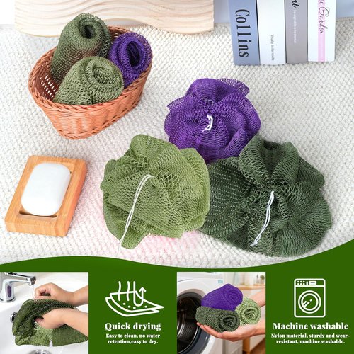 African Net Sponge | Authentic Exfoliating Bath Scrubber Set - 3 Pieces for All Skin Types (Dark Green, Light Green, Purple)