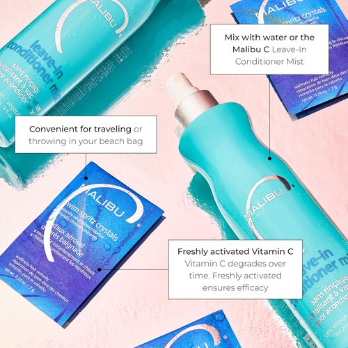 Malibu C Swim Spritz Crystals - Vitamin C Hair & Skin Spray for Chlorine Removal - 100% Vegan (12 Packets)