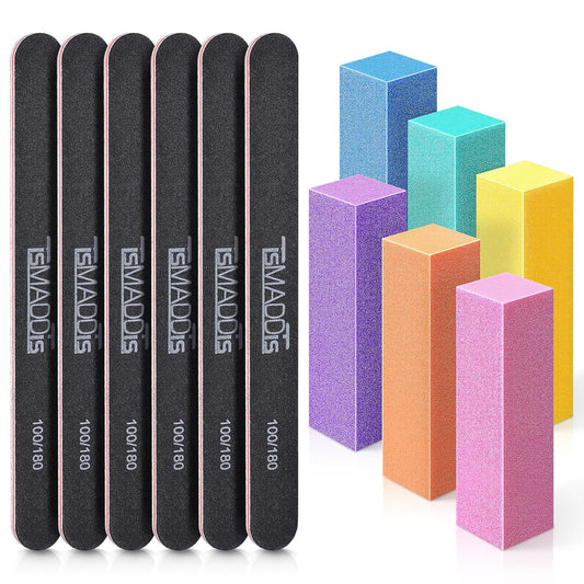TsMADDTs Nail Files and Buffers - Professional 12-Piece Manicure Kit | 100/180 Grit, Black