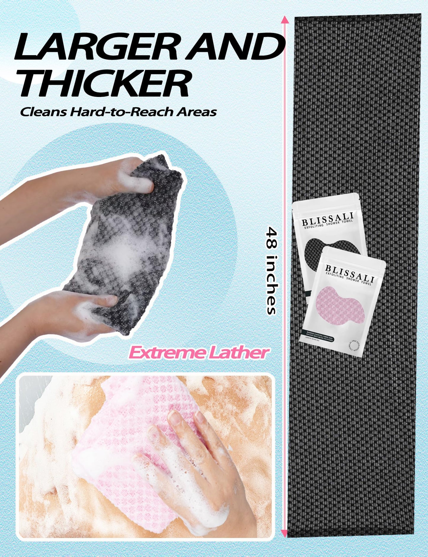 BLISSAL Exfoliating Shower Towel 48",Premium Scrub Wash Cloth for Body Face, Exfoliating Washcloth for Men and Woman(Black)