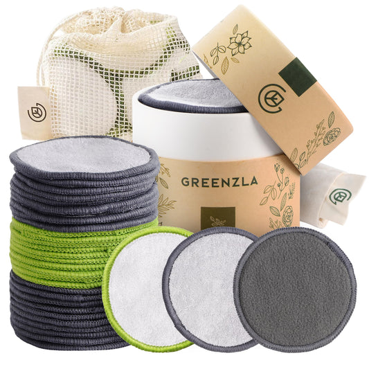 Greenzla Reusable Makeup Remover Pads, Washable Bamboo Cotton Rounds with Mesh Laundry Bag, Travel Pouch, Pad Holder - Reusable Cotton Rounds for All Skin Types - Perfect for Face Care, 30 Pack