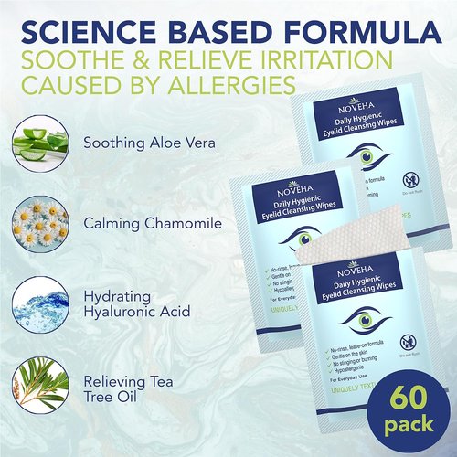 NOVEHA Daily Eyelid & Lash Wipes - 60 Individually Wrapped Refreshing Wipes for Blepharitis & Itchy Eyes