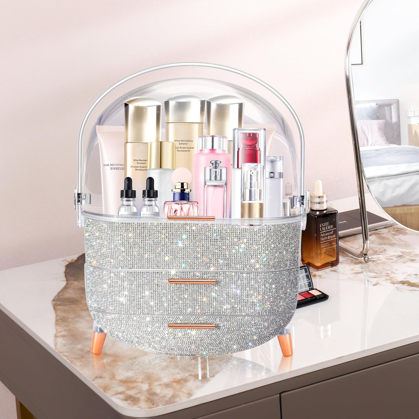 MASSY Egg Shape(Oval) Makeup Storage Box, Countertop Portable Vanity Cosmetics Organizer Preppy Style