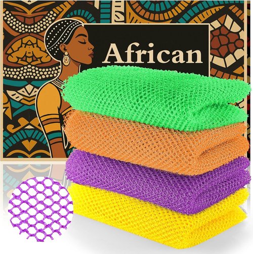 African Bath Sponge - 4-Piece Net Exfoliator Set for Glowing Skin | Gentle Nylon Mesh Scrubber (Yellow, Purple, Orange, Green)