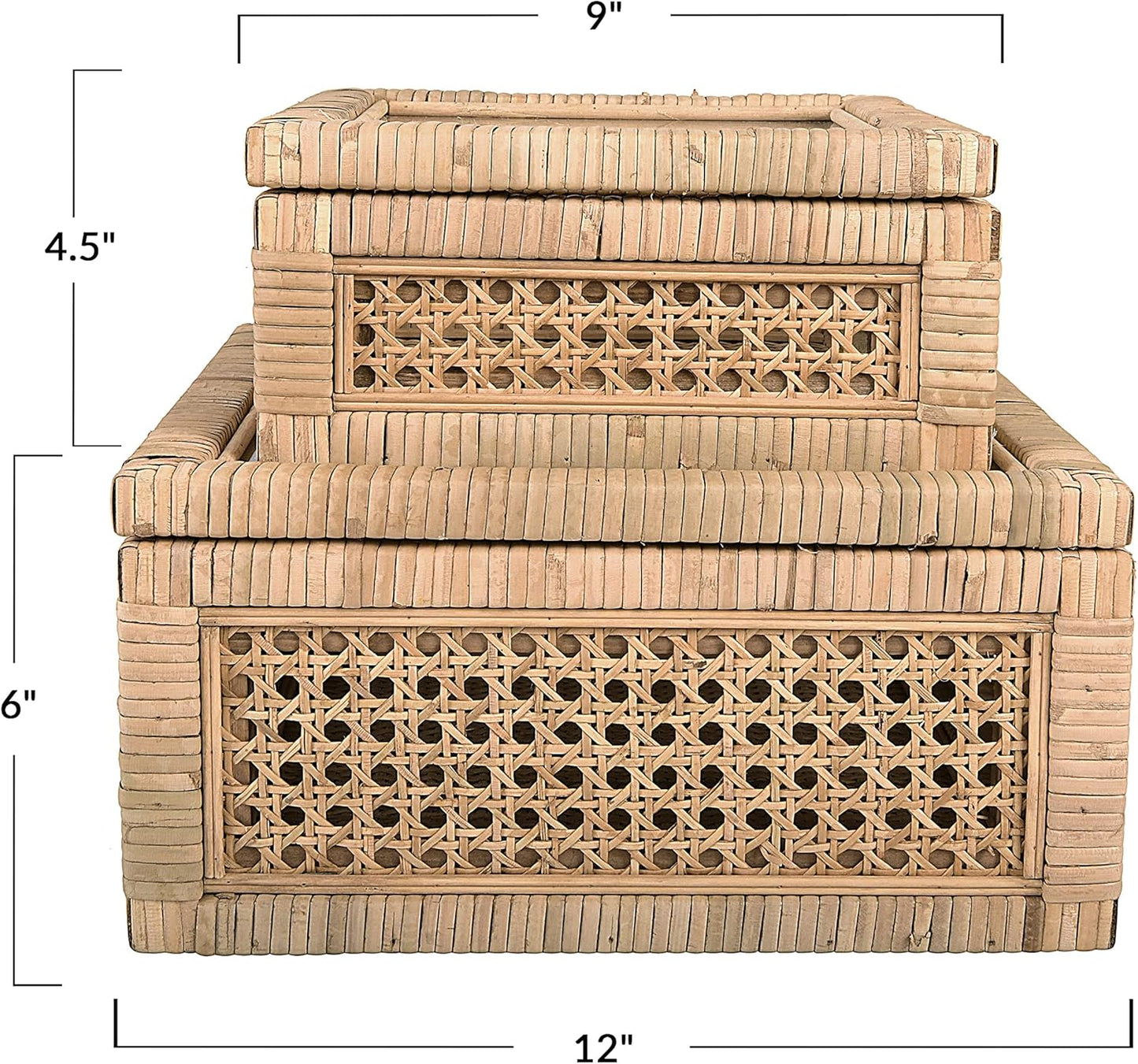 Creative Co-Op Decorative Woven Rattan & Wood Display Boxes - Set of 2 with Glass Top, Natural Finish