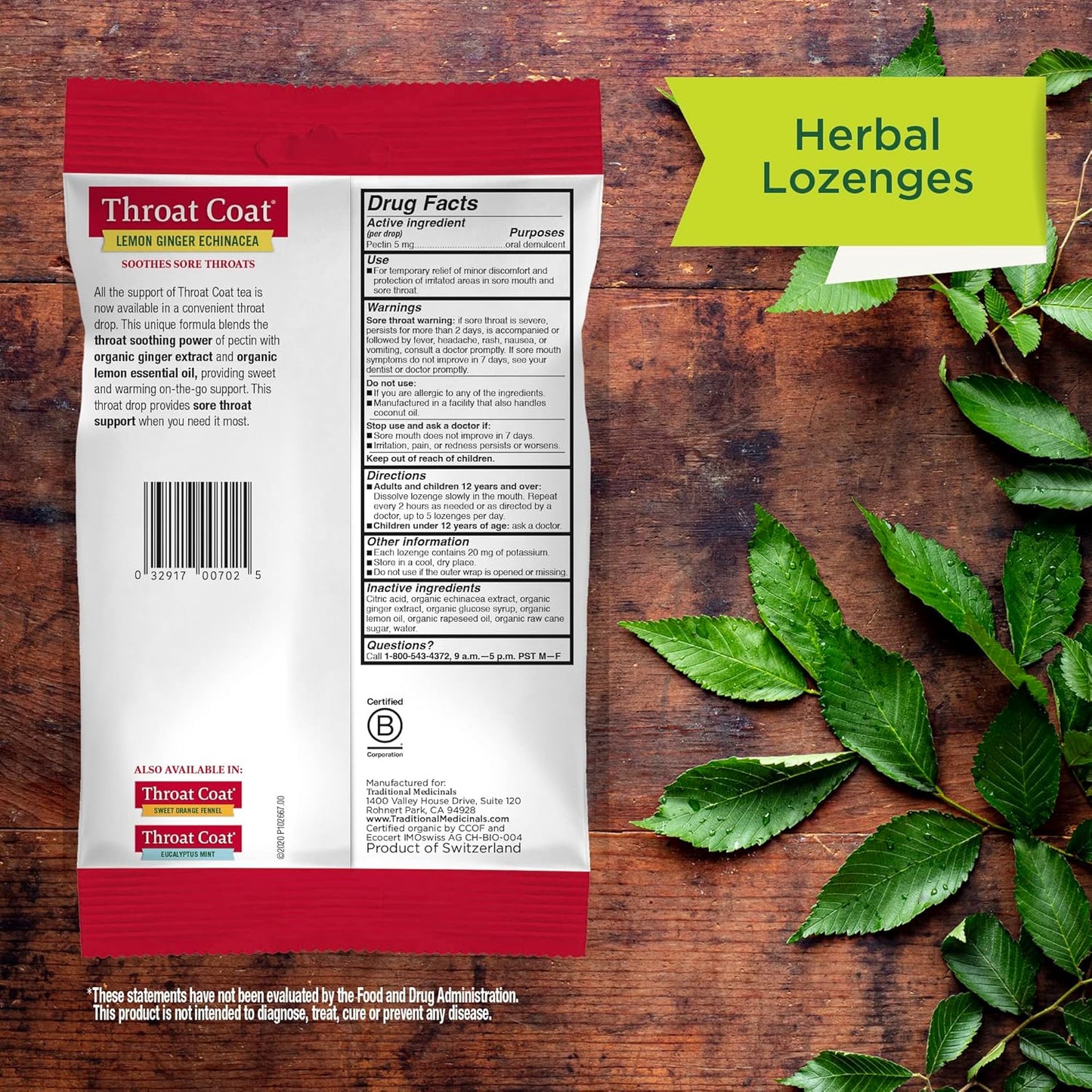Traditional Medicinals Organic Throat Coat Lozenges - Lemon Ginger Echinacea for Sore Throat Relief | 30 Individually Wrapped