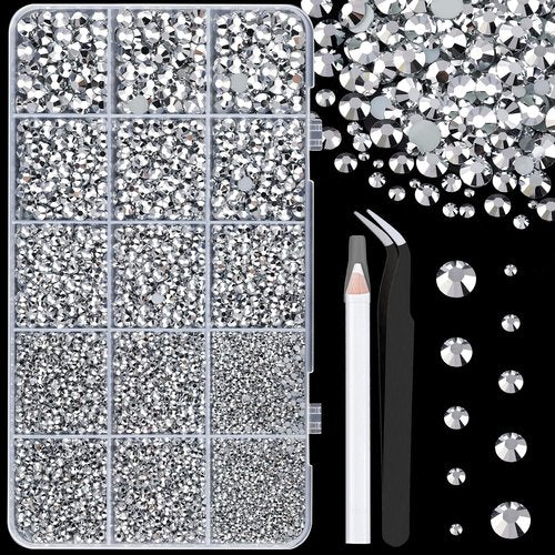 16000Pcs Resin Rhinestones with Tweezers for Crafting, Silver 2-6mm Mixed Sizes Non Hotfix Flatback Gems, Bedazzling Crystal for DIY Crafts Clothing Tumblers Mugs Shoes Fabric Decor Nail Art