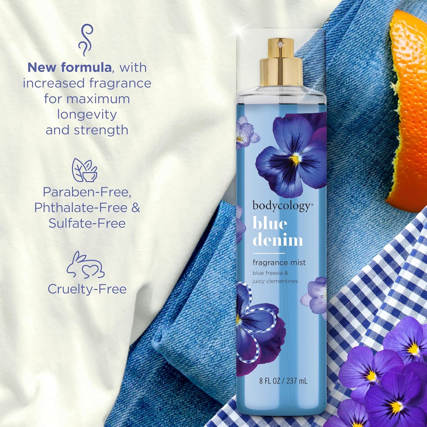 Bodycology Long-Lasting Fragrance Body Mist - Blue Denim, 8 Fl Oz | Pack of 2