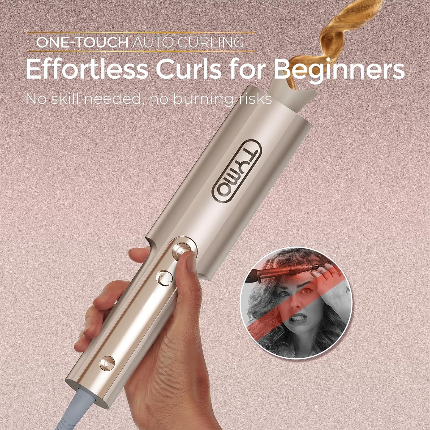 TYMO CurlPro Plus Automatic Curling Iron - Long Barrel Ceramic Curler for Long Hair, Anti-Scald, Gold, 1 Inch