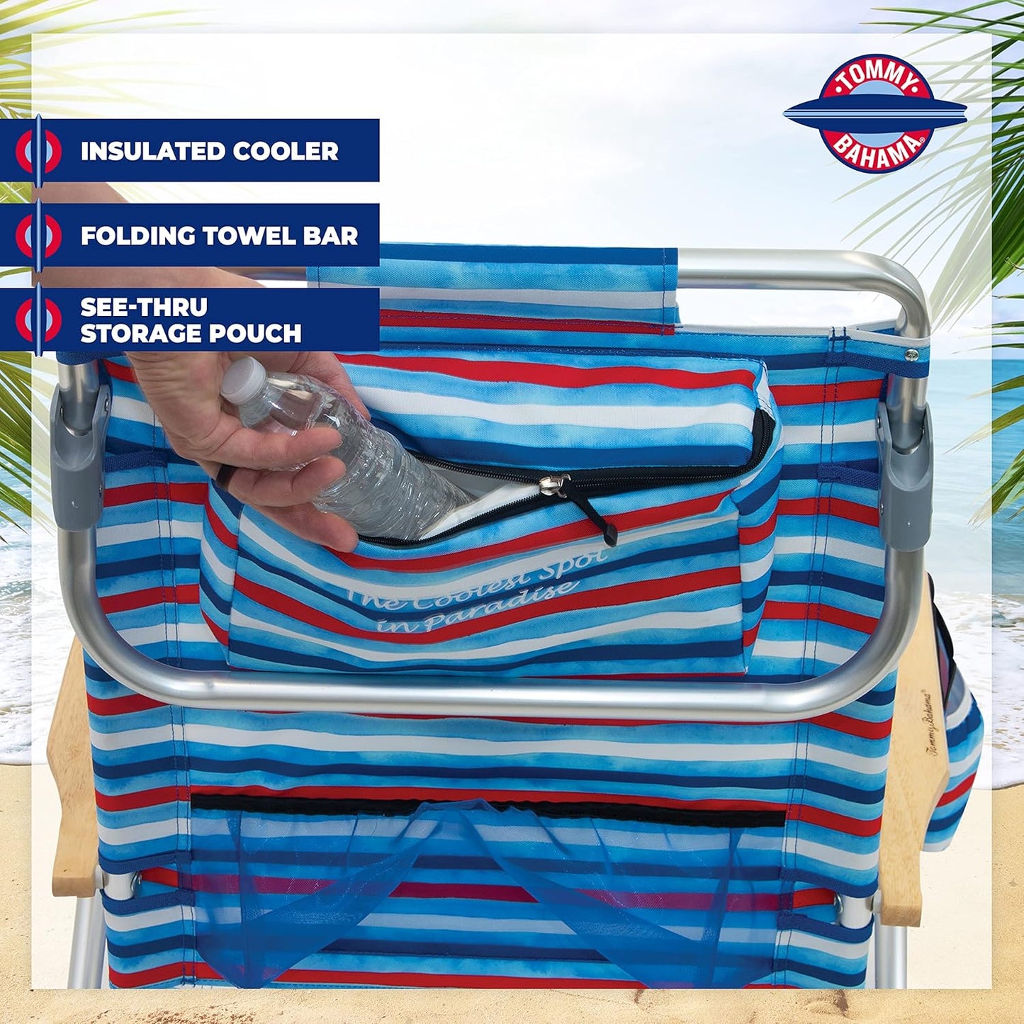 Tommy Bahama Folding Beach Chair - 5-Position Lay Flat Design | Aluminum Frame, Red, White & Blue Stripe
