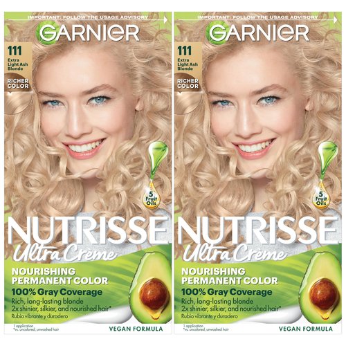 Garnier Nutrisse Ultra Crème Hair Color, Permanent Hair Dye with 100% Gray Coverage, Vegan & Cruelty-Free, 111 Extra-Light Ash Blonde (White Chocolate), 2 Count