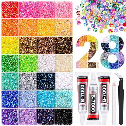 36000Pcs Resin Rhinestones with Tweezers for Bedazzling, Multicolor 3mm Crystal with 3Pcs 10ml B7000 Jewelry Glue for Bedazzled Nail Art Crafting Makeup