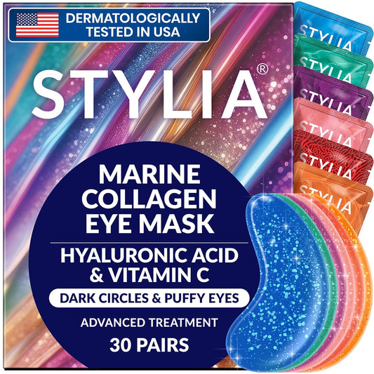 Stylia Collagen & Vitamin C Under Eye Patches - Hydrating & Firming Mask for Puffy Eyes | 30 Pairs, Vegan