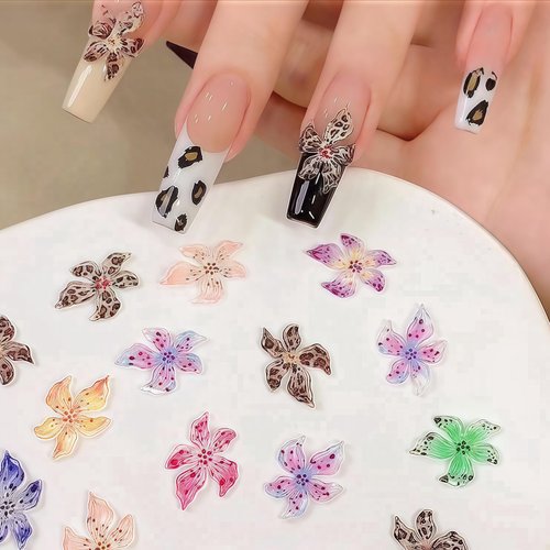 SHUXILIN 60PCS Flower Nail Art Charms 3D Hawaii Flowers Nail Rhinestones Hibiscus Floral Nail Gems Colorful Flower Nail Diamonds Summer Nail Jewelry Tiny Flowers Nail Design for Women Nail Supplies