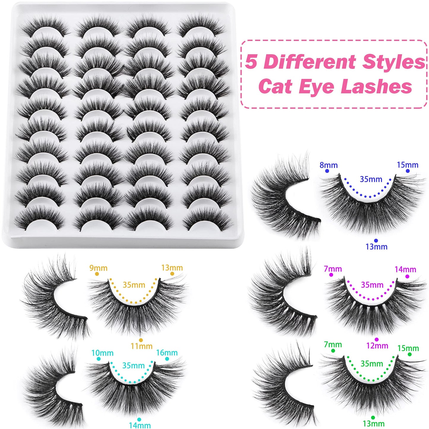 JIMIRE 20 Pairs False Eyelashes 5 Styles Cat Eye Lashes Pack Fluffy Natural Volume Faux Mink Lashes Packs