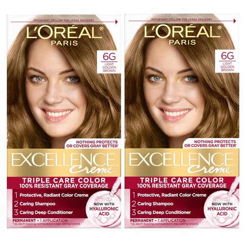 L'Oreal Paris Excellence Crème Permanent Hair Dye, Triple Care Hair Color with Hyaluronic Acid for 100% Gray Coverage, 6G Light Golden Brown, 1 Kit (Pack of 2) (Packaging May Vary)