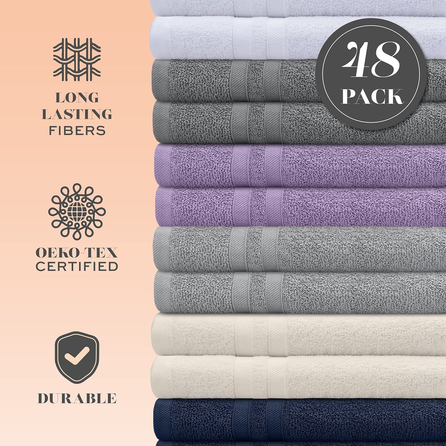 White Classic Wealuxe Cotton Washcloths - Soft Absorbent Bathroom Face Towels - 12x12 Inch - Multi - 48 Pack