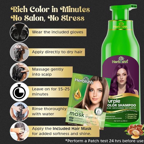 Herbishh Magic Hair Dye Shampoo - Color Gray Hair in Minutes - Long-Lasting Ammonia-Free Treatment (Purple) - 500ml