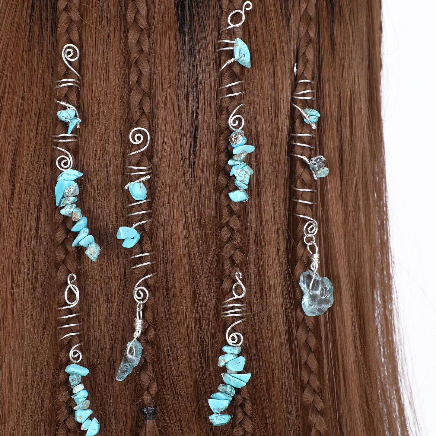 FRESHME Green Crystal Hair Jewelry for Braids Kit - 8 Pcs Green Natural Stone Hair Braid Accessories with Dark Green Bead Earrings Sets Silver Spirals Rings Dreadlock Decoration