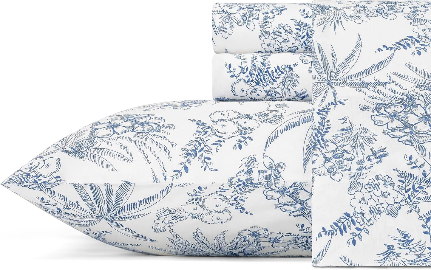 Tommy Bahama King Size Sheet Set - Crisp Cooling Cotton Percale with Matching Pillowcases & Fitted Sheet | Pen and Ink Palm Blue