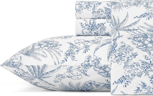 Tommy Bahama King Size Sheet Set - Crisp Cooling Cotton Percale with Matching Pillowcases & Fitted Sheet | Pen and Ink Palm Blue