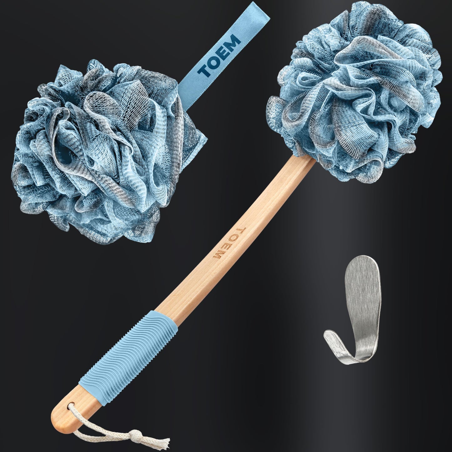 Toem Loofah Back Scrubber for Shower | Bamboo Charcoal Fiber Infused | Loufas for Men & Women | Includes 1 Long Handled Shower Sponge, 1 Bath & Shower Luffa Pouf & 1 Hook to Hang Stuff (Sky Blue)