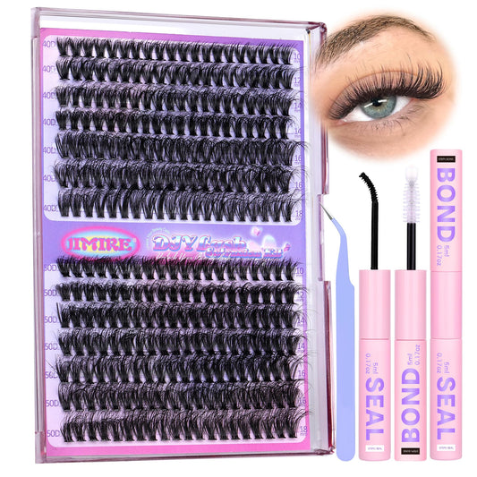 JIMIRE Fluffy Lash Clusters Kit 280Pcs Eyelash Extension Kit with Lash Bond and Seal D Curl 10-18MM Individual Lashes Wispy 40D+ 50D DIY Lash Clusters Eyelash Extensions at Home