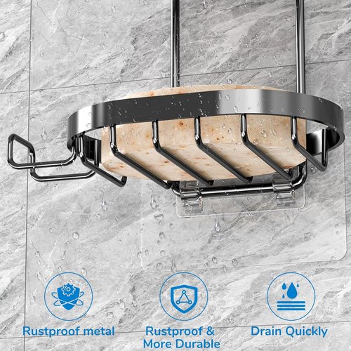 MASADI 2-Tier Soap Dish Holder - 304 Stainless Steel Shower Caddy with Hooks & Razor Holder (Black)
