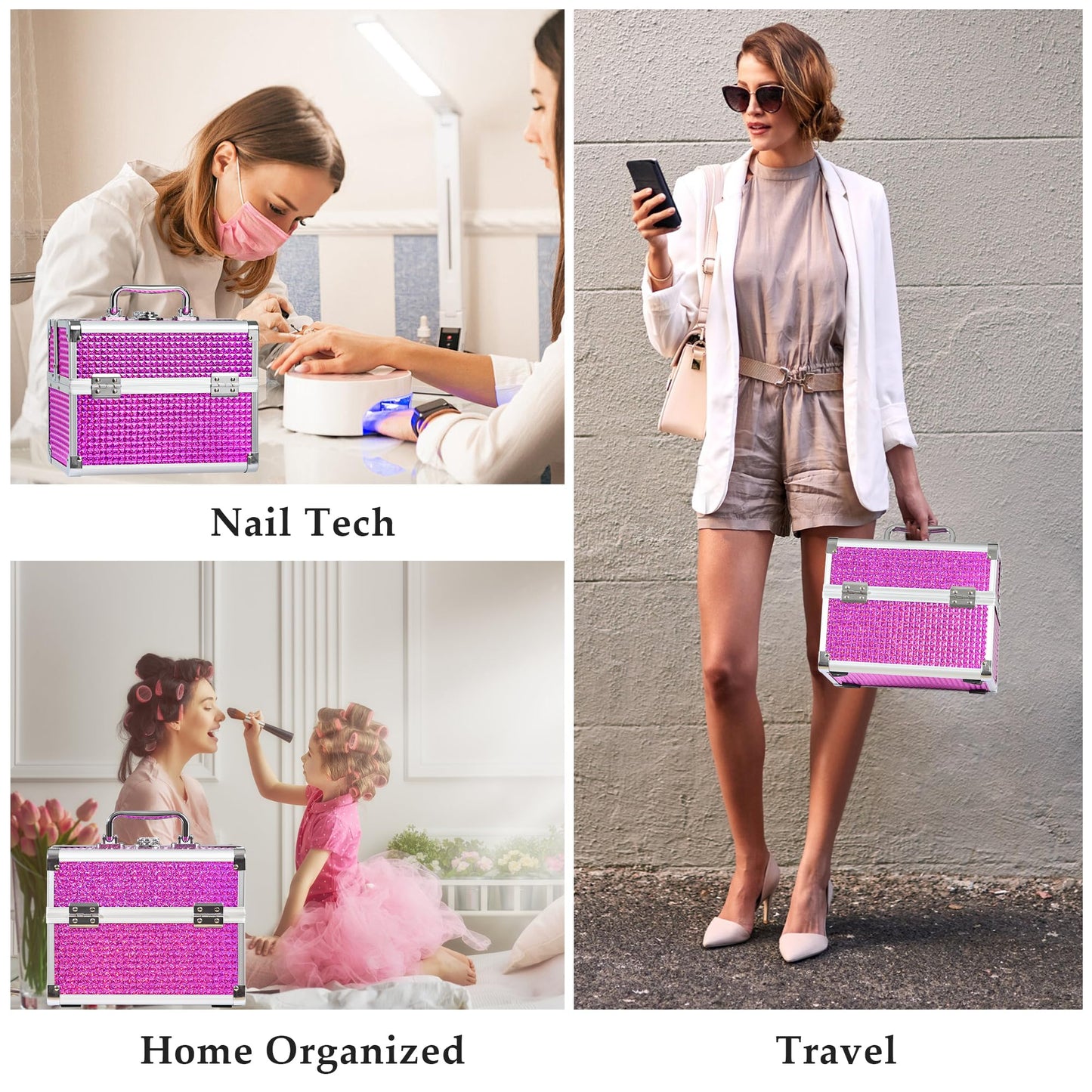 GALHUBIS Makeup Train Case, Portable Makeup Case with Mirror, 2-Trays Cosmetic Organizer Case,Nail Polish Organizer, Travel Makeup Box, Profesional for Salon Barber, Rose Red