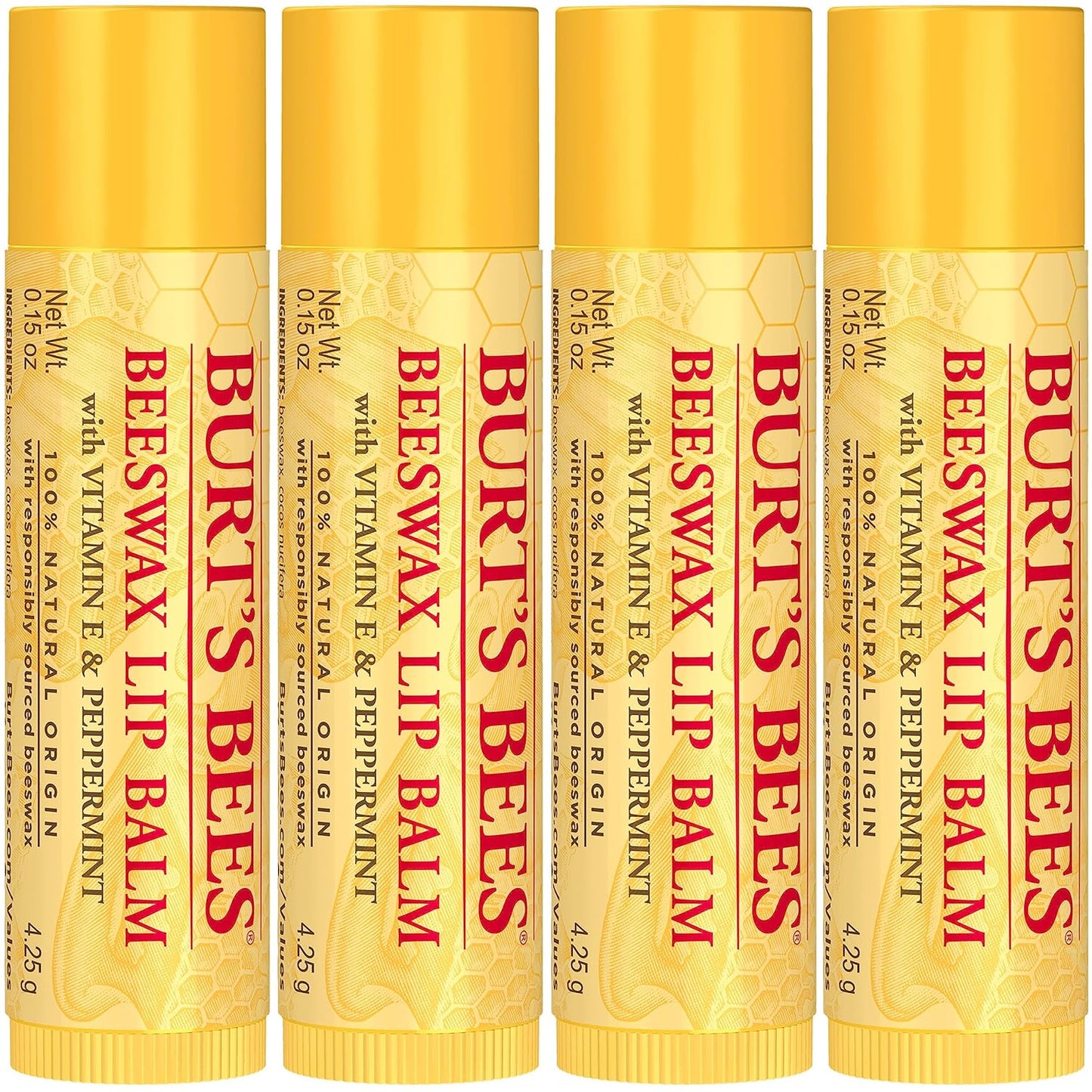 Burt's Bees Lip Balm - Original Beeswax, Lip Moisturizer With Responsibly Sourced Beeswax, Tint-Free, Natural Origin Conditioning Treatment, 4 Tubes, 0.15 oz.