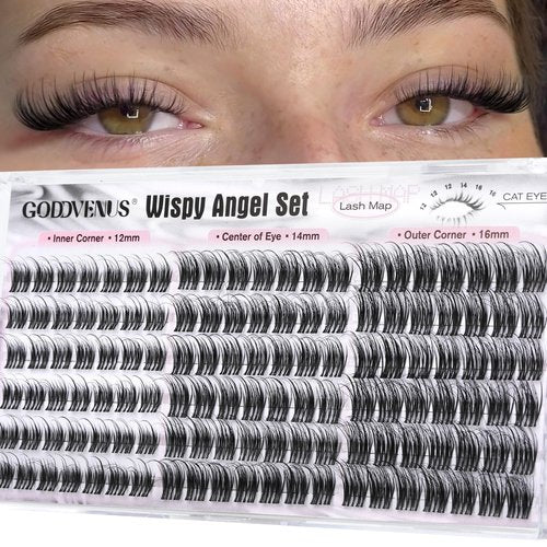 Goddvenus Wispy Natural Lash Clusters 12-14-16mm CC Curl DIY Cluster Eyelash Extensions for Clean Makeup, Individual False Eyelashes Cat Eye Lash Clusters