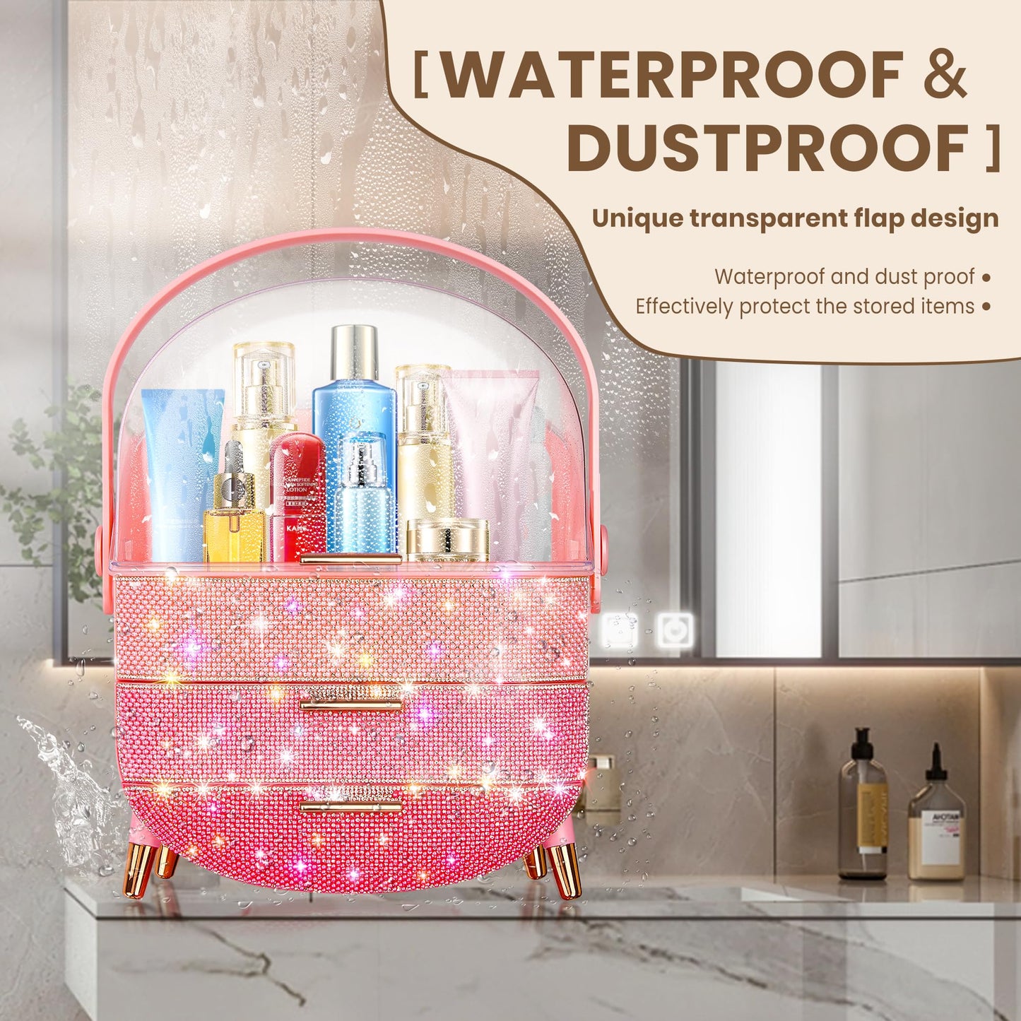 Ptesly Teen Girls Gift Makeup Organizer,Skincare Organizer Jewelry Storage,Cosmetics Storage and Display Case,Make Up Holders and Organizers for Countertop,Bathroom Organizer (PearlPink)