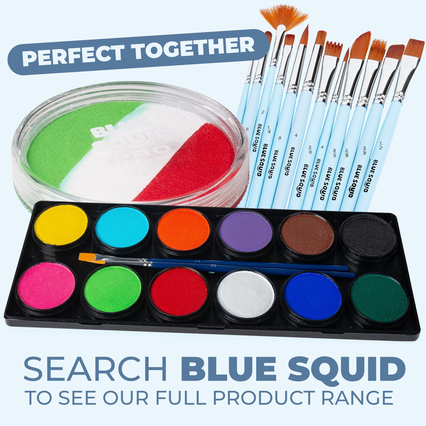 Blue Squid PRO Face Paint - Professional Water Based Single Cake Facepaint & Body Paints - SFX Makeup, Kids Adults Face Painting for Costume, Halloween, Cosplay - Split Green, White, Red 30g / 1oz