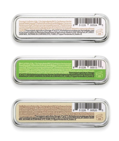 Hurraw! Lip Balm Bundle - Coconut, Mint & Vanilla | Organic, Vegan, Cruelty-Free, 3-Pack Tins