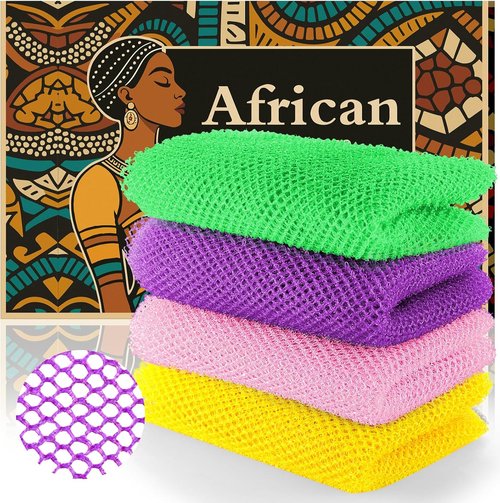 African Bath Sponge | 4-Piece Set - Gentle Exfoliator for Glowing Skin, Durable Nylon Mesh (Yellow, Pink, Purple, Green)