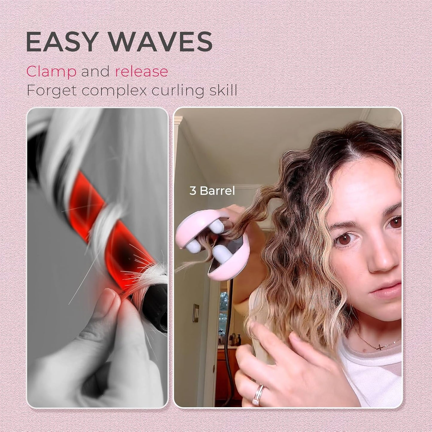 TYMO ROVY Curling Iron - Ionic 3-Barrel Hair Waver for Beach Waves, Anti-Scald, Pink, 1 Inch
