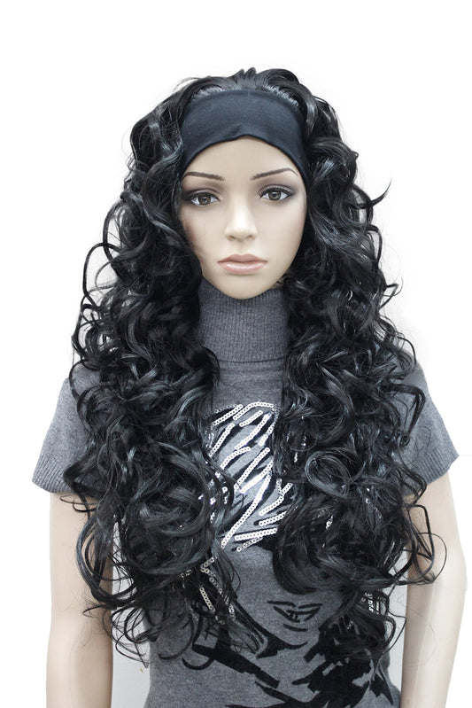 Wiginway 26 inch Long Curly Darkest Brown Hair Premium Synthetic Women's Wig 3/4 Half Wig with Black Headband