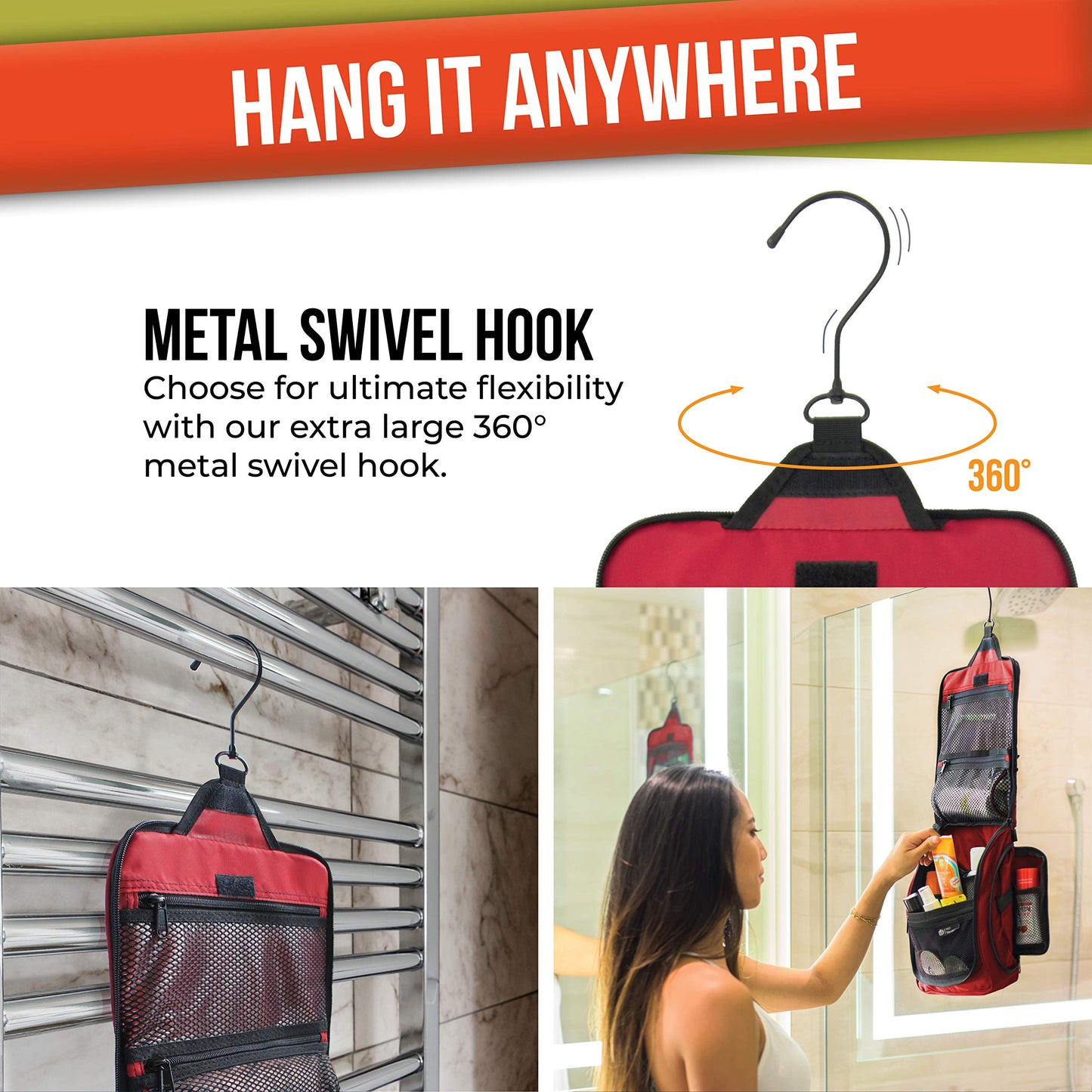 D&D Hanging Travel Toiletry Bag for Men and Women – Cosmetics, Makeup and Toiletries Organizer Kit with 10 Compartments, YKK Zippers, XXL Metal Swivel Hook, Water-Resistant Nylon