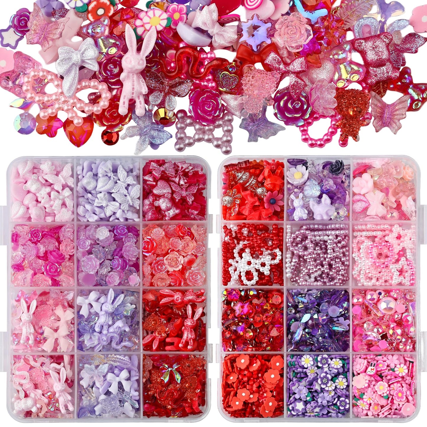 Kikonoke 2050 Pieces 3D Butterfly Rose Flower Bow Rabbit Bear Nail Charms Kit with Nail Art Rhinestones Pearls Crystal Gems Nail Slices for Manicure DIY Crafts Jewelry Accessories (Pink Purple Red)