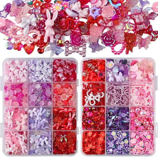 Kikonoke 2050 Pieces 3D Butterfly Rose Flower Bow Rabbit Bear Nail Charms Kit with Nail Art Rhinestones Pearls Crystal Gems Nail Slices for Manicure DIY Crafts Jewelry Accessories (Pink Purple Red)