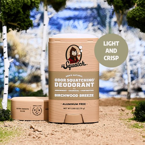 Dr. Squatch Natural Men’s Deodorant – Aluminum Free Natural Deodorant Men with Charcoal & Postbiotics for 72-Hour Odor Protection – Birchwood Breeze, 2.65oz Stick (3-Pack)