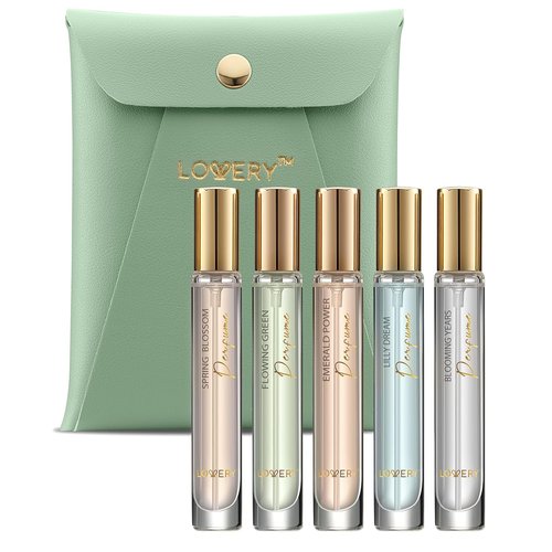 LOVERY Perfume Set - 5 Mini Travel Fragrances for Him & Her with Leather Pouch | 10ml Sampler Gift