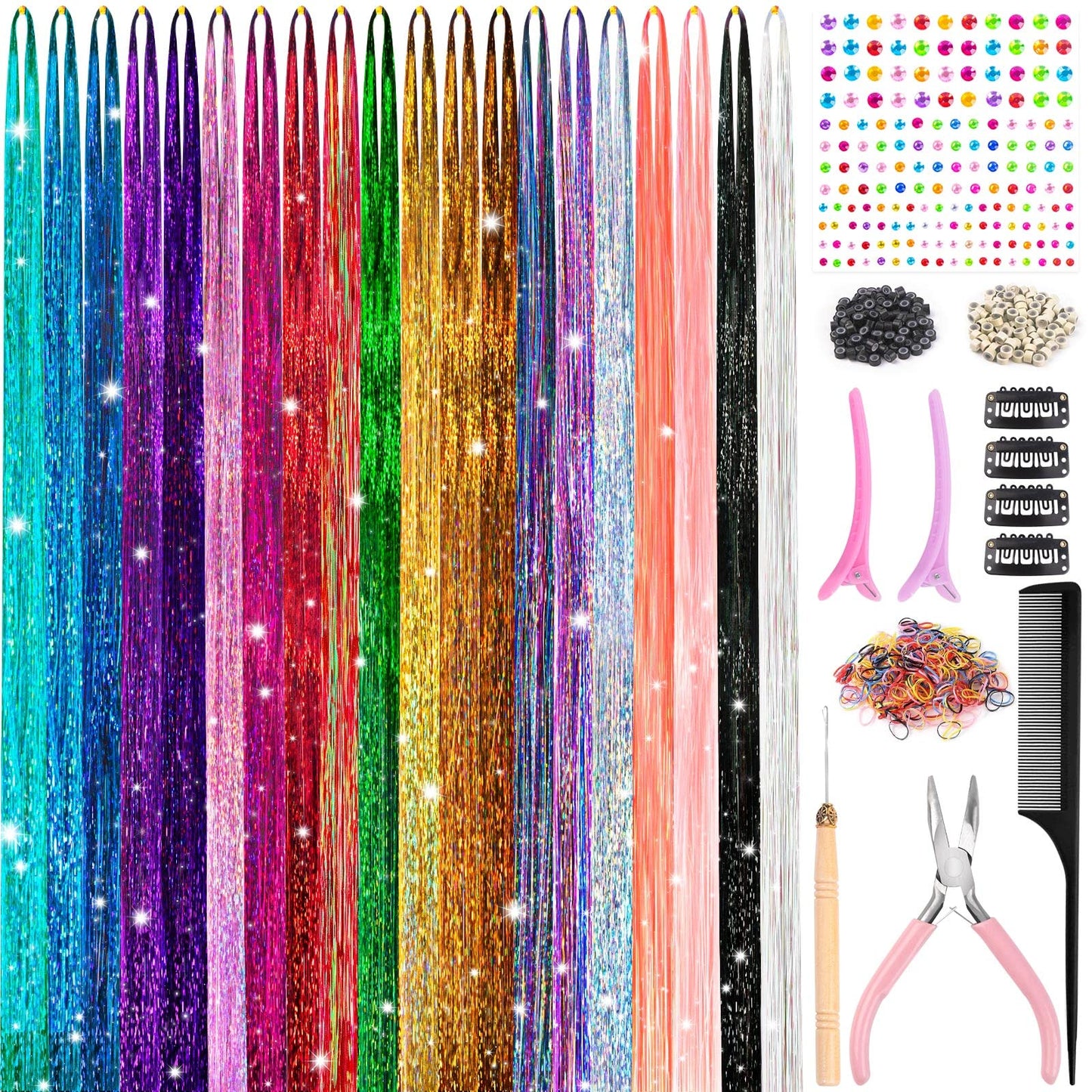 20 Colors 48 Inch Fairy Hair Extensions - Heat Resistant Tinsel Hair Accessories Kit with Tools and Rhinestones for Women and Girls, 4000 Strands