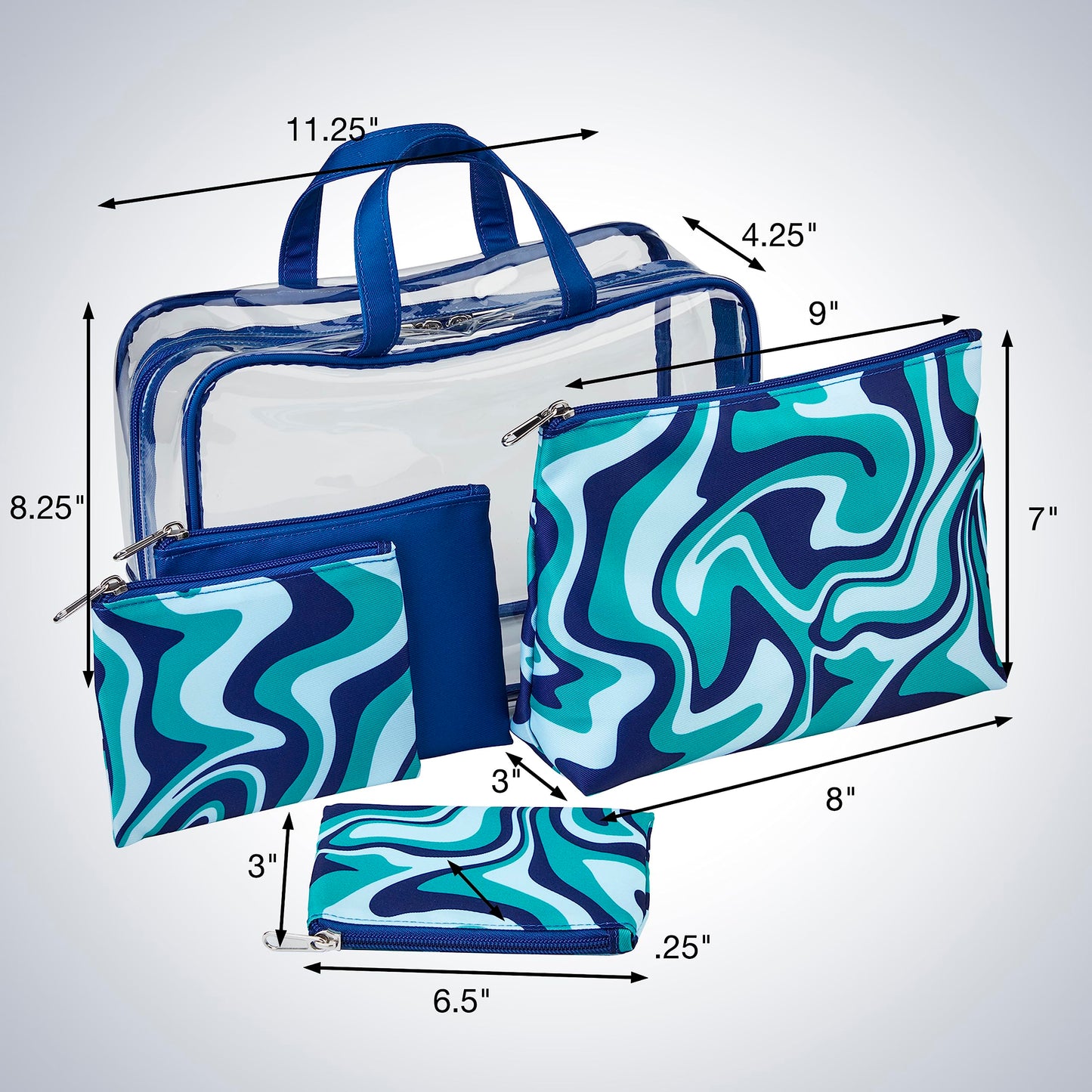 Conair 5 Piece Toiletry and Cosmetic Bag Set Under $30, Includes 1 Large Weekender Bag and 4 Organizer Bags in Blue Swirl Prints