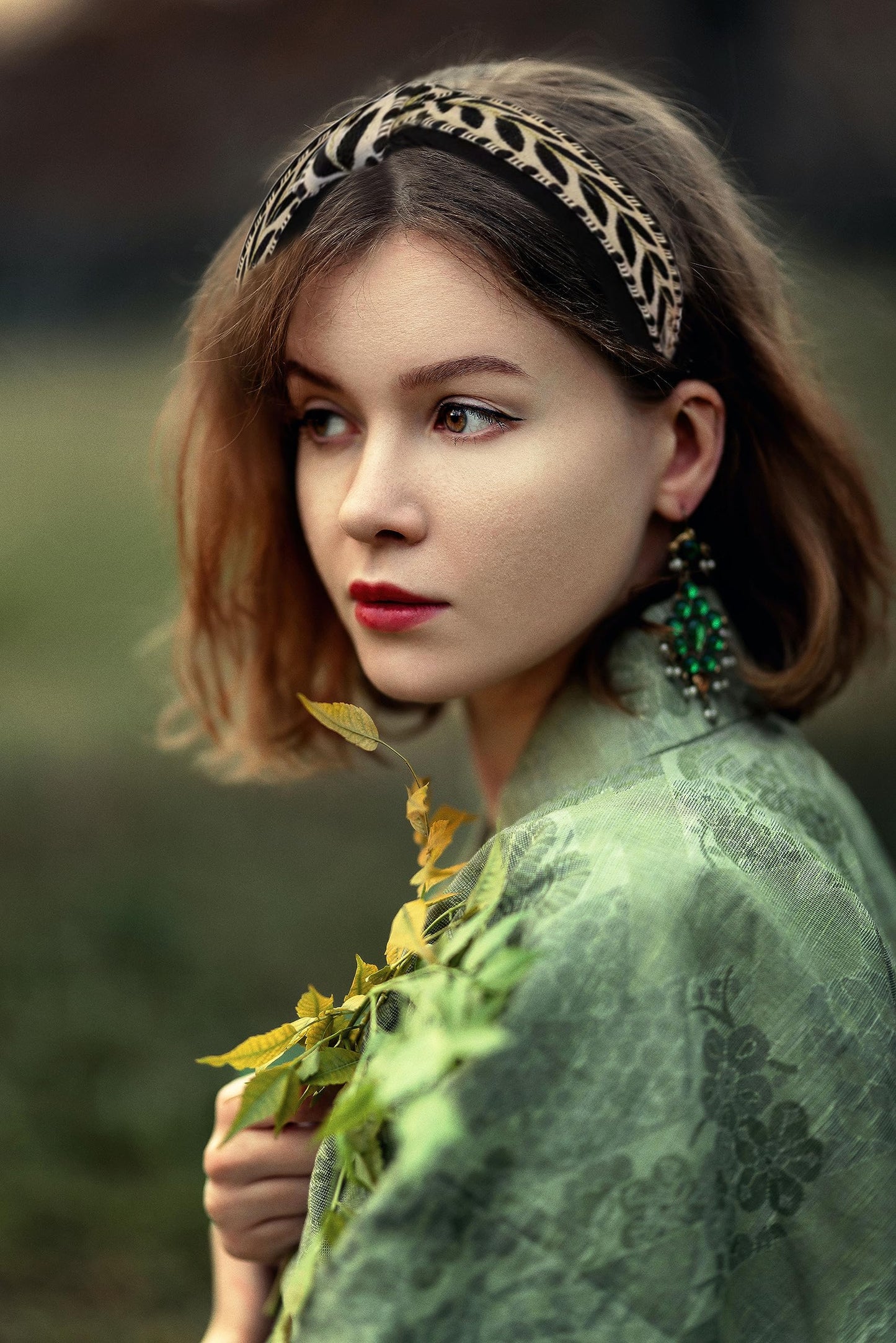 OUTVIE Boho Knotted Black Headband with Handmade Lace Embroidery Leaves Metal Headband for Girls Womens