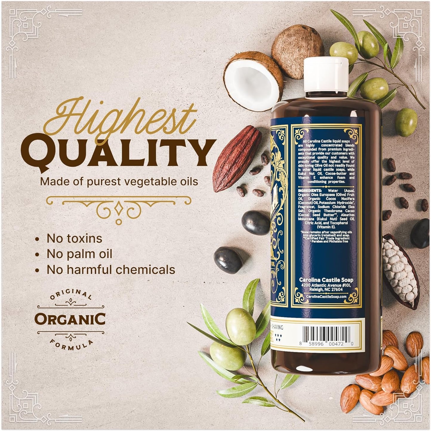 Carolina Castile Liquid Body Wash - Natural Shampoo for Sensitive Skin with Olive Oil & Cocoa Butter | Tobacco Vanilla, 32 Fl Oz